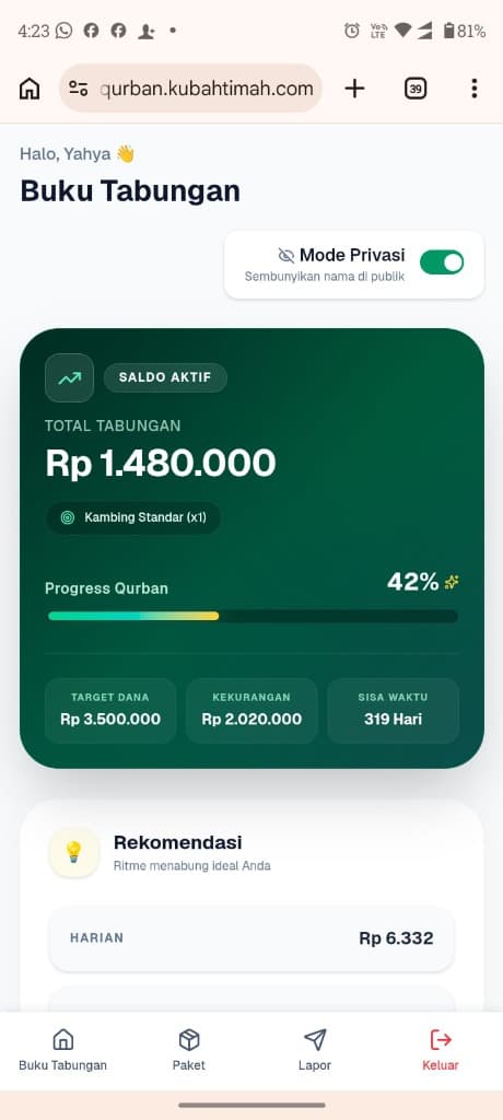 Tampilan Aplikasi Tabungan Qurban